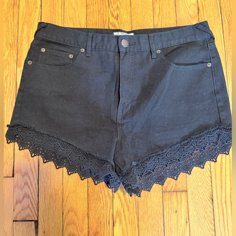 Vintage Free People Black Lace-Trim Cropped Jeans Shorts